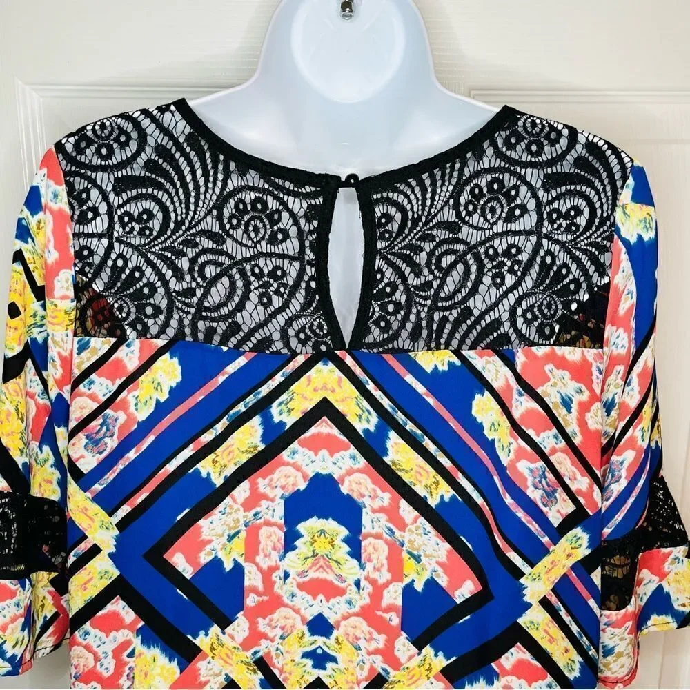 Socialite Watercolor Floral Geometric Black Lace Yoke Mini Dress Royal Blue S